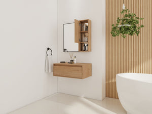 English Elm 30'' Wall Mounted Mirror Cabinet Black Aluminum Frame Soft Close Bathroom Storage W999S00539