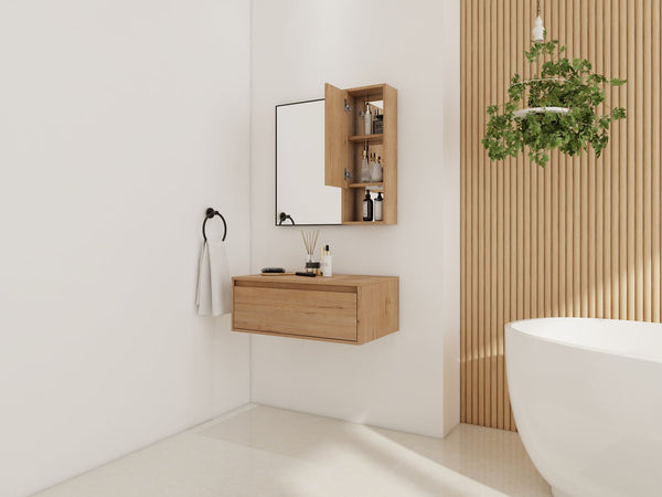 English Elm 30'' Wall Mounted Mirror Cabinet Black Aluminum Frame Soft Close Bathroom Storage W999S00539