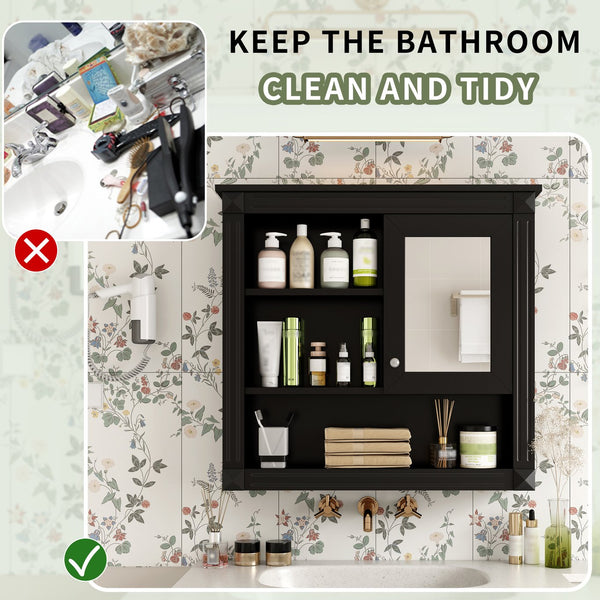 English Elm 32'' Bathroom Wall Cabinet Mirror — 32-inch Wall-Mounted Medicine Cabinet with Adjustable Shelves for Streamlined Bathroom Storage and Stylish Organization Black N710P254922B