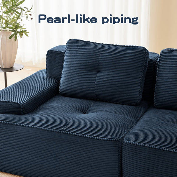 English Elm Modern Corduroy Sectional Sofa Deep Seat V Shape Tufted Couch with Movable Ottoman Blue W714S01579