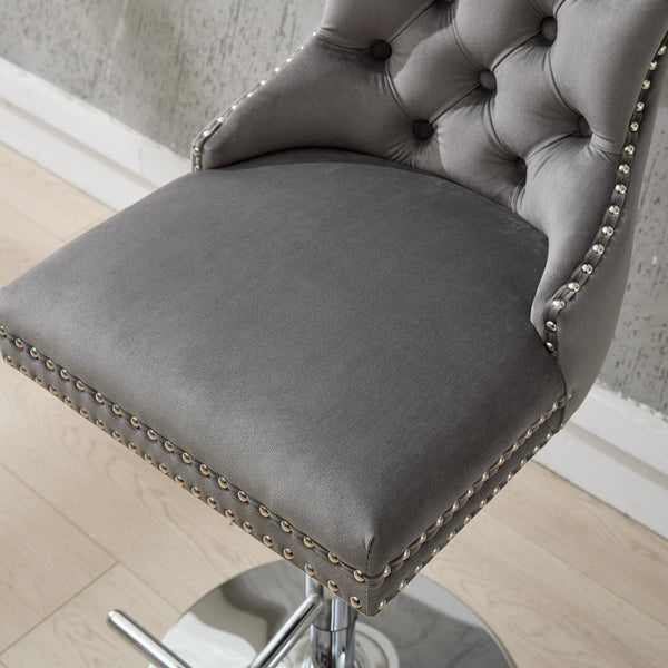 English Elm Thick Velvet Swivel Barstools with 17.7" Chrome Base, Tufted Diamond Pleating, Comfort Foam Seats Gray W1143P335043