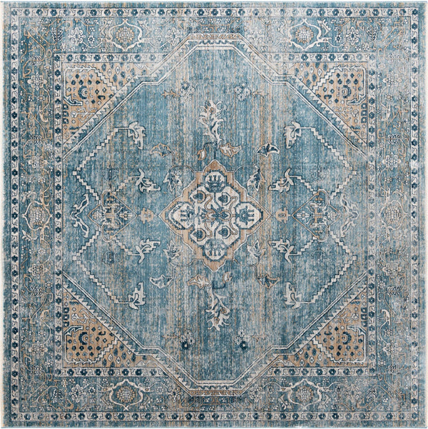 Unique Loom Newport Ochre Machine Made Border Rug Blue, Light Brown/Light Blue 8' 0" x 8' 0"