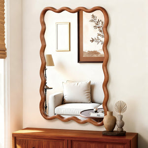 English Elm Yellowish Solid Wood 24"x36" Wavy Rectangle Mirror with Tempered Glass, Rustic Elegance for Bath & Entry W2203P389035