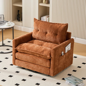English Elm UNITED Swivel Barrel Chair with Chenille Upholstery, 360° Smooth Rotation, Padded Arm Comfort and Side Pockets for Living Room Relaxation Brown W1568P290084