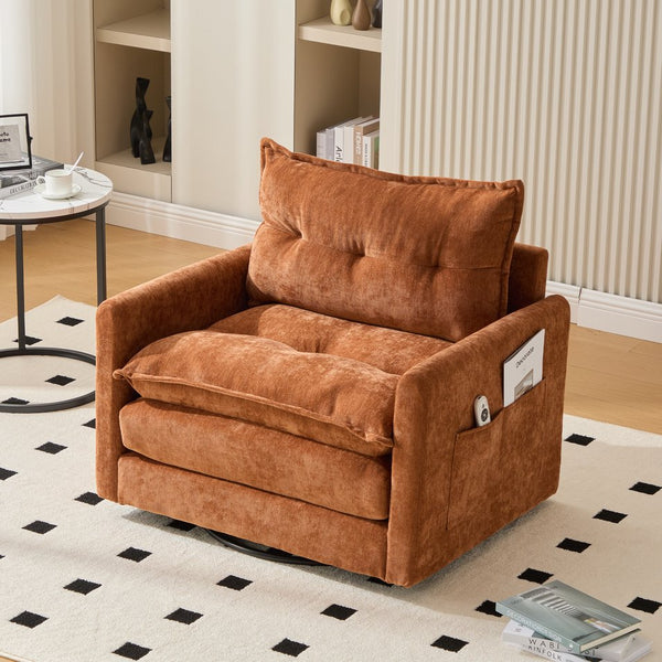 English Elm UNITED Swivel Barrel Chair with Chenille Upholstery, 360° Smooth Rotation, Padded Arm Comfort and Side Pockets for Living Room Relaxation Brown W1568P290084