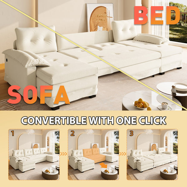 English Elm 109.5" Oversized U-shaped Sectional Sleeper Chenille Modular Sofa with Usb Ports Beige+White W1885S00438
