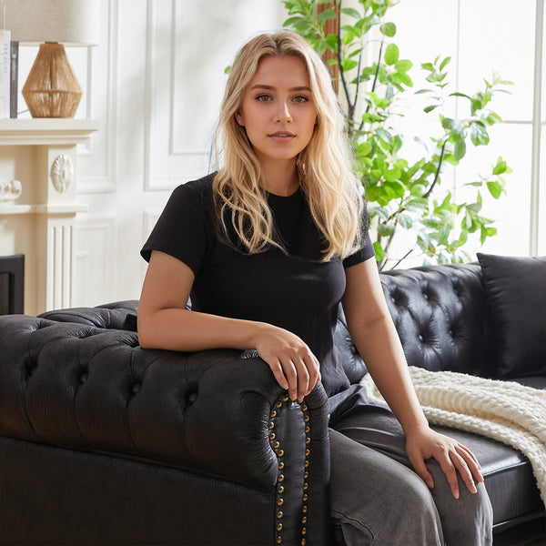 English Elm Fx Elegant Chesterfield 85.5" 3-Seater Sofa With Tech Fabric, Rolled Arms, Cushions For Any Space W1926S00035