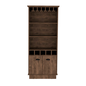 English Elm Dundee Tall White Bar Cabinet with Glass Panel Doors Open Cubbies and Display Shelves B200S00384