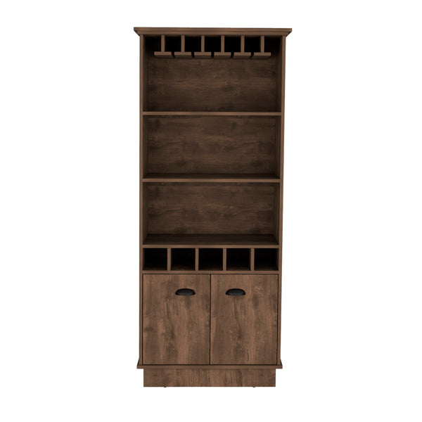English Elm Dundee Tall White Bar Cabinet with Glass Panel Doors Open Cubbies and Display Shelves B200S00384