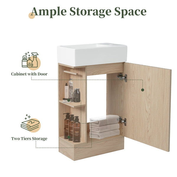 English Elm 18.6" Bathroom Vanity with Sink and Ceramic Top, MDF Cabinet with Door, TP Holder & Shelf Natural N725P212181N