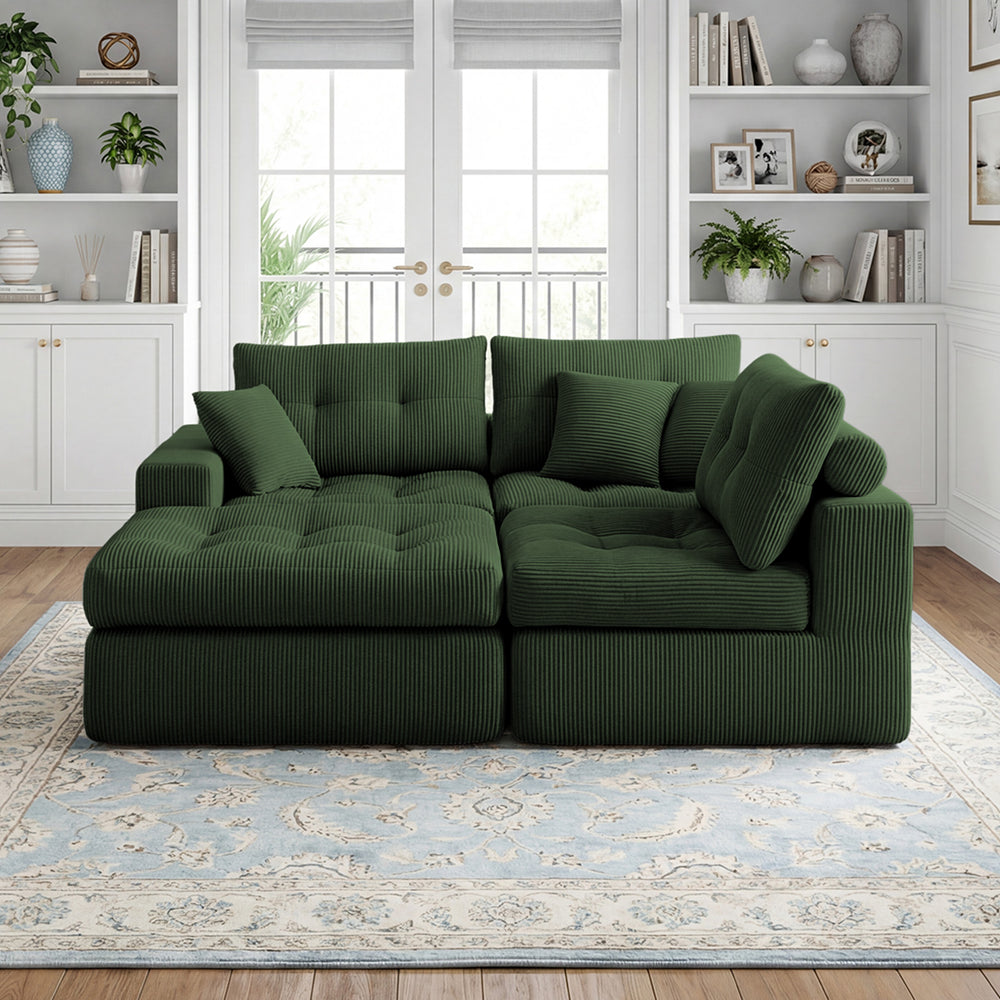 English Elm Corduroy L-shaped Sectional Sleeper Sofa No Assembly Needed for Apartments Army Green,Dark Green W5532S00031