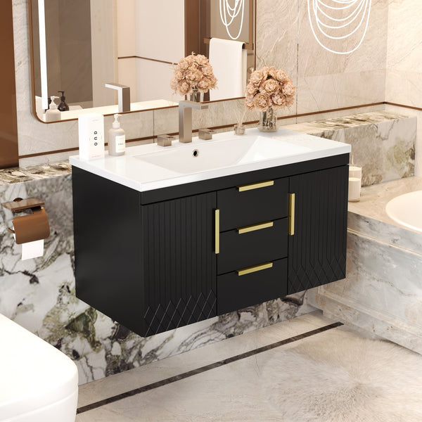 English Elm 36'' Wall Mounted Bathroom Vanity with Sink, Floating MDF Cabinet, 2 Drawers, Rust-Resistant Handles Black N710P253035B