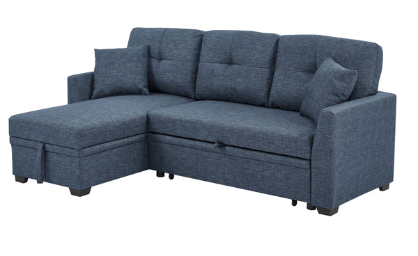English Elm 76.5" Chenille Tufted Sectional Sleeper Sofa with Reversible Chaise and Hidden Storage Dark Blue B2748S00003