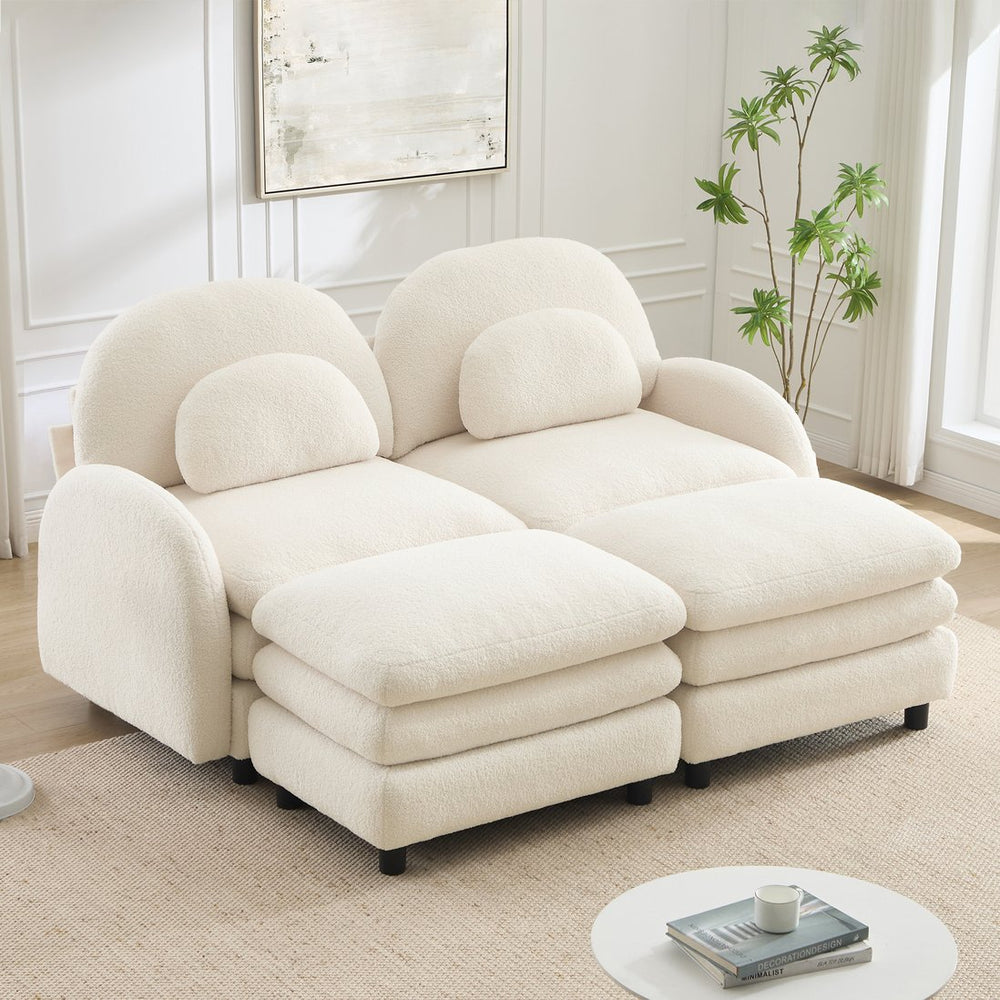 English Elm Teddy Fleece Modular Cloud Sofa with Curved Silhouette Ottomans and Lumbar Pillows Beige White W5656S00078