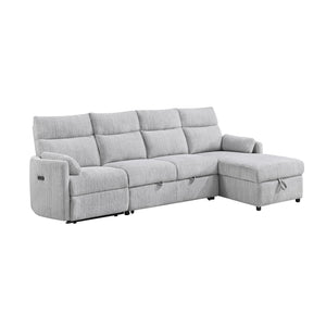 English Elm Grey Sleeper with Storage Chaise - Upholstered Grey Fabric, Power Recline, USB, Pull-Out Bed & Hidden Storage B201S00426