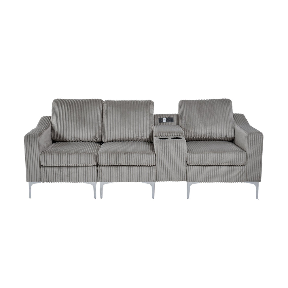 English Elm Convertible Corduroy Sectional Sofa With Usb & Cupholders – Modern 3-Seater In Gray For Comfort W3098S00029