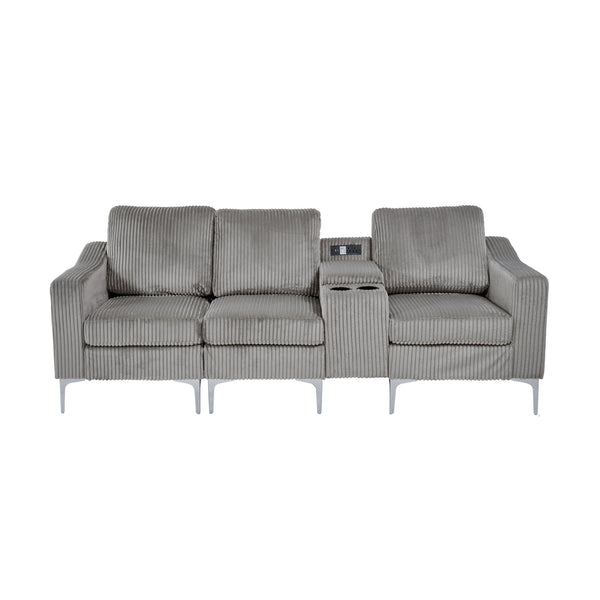 English Elm Convertible Corduroy Sectional Sofa With Usb & Cupholders – Modern 3-Seater In Gray For Comfort W3098S00029