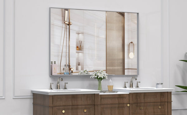 English Elm 48x32 Oversized Modern Rectangle Mirror with Silver Aluminum Frame Removable Tray Vertical/Horizontal W708P297399