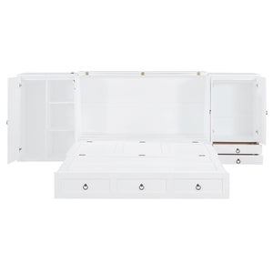 English Elm Queen Murphy Bed with Wardrobe Cabinets Built-in Usb Charging and Concealed Drawers White LP000590AAK