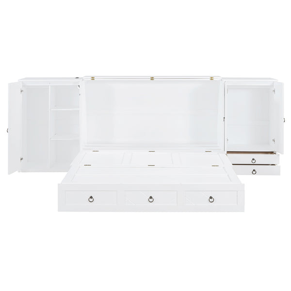 English Elm Queen Murphy Bed with Wardrobe Cabinets Built-in Usb Charging and Concealed Drawers White LP000590AAK