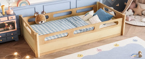 English Elm Twin Low Profile Floor Bed with Guardrails Pine Wood Frame Minimalist Bedroom Natural W1580P438791