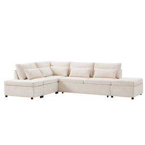 English Elm [video]107'' Chenille Sleeper Sectional with Usb Charging Storage Ottoman and Adjustable Armrest Beige N723S8782A