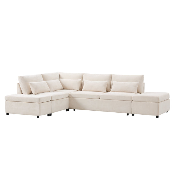 English Elm [video]107'' Chenille Sleeper Sectional with Usb Charging Storage Ottoman and Adjustable Armrest Beige N723S8782A