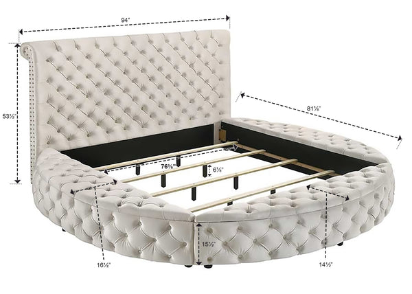 English Elm Luxurious Round Queen Bed with Velvet Tufted Headboard, Studded Accents and Hidden Storage Space Ivory 54.75 L x 95.25 W x 8.25 H B011S01647