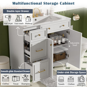 English Elm 36" Modern Bathroom Vanity with Ceramic Sink, Soft-Close Doors, Double-Layer Drawer & Storage Elegance White N729P289163K