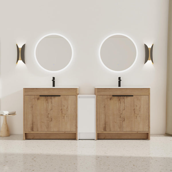English Elm 84 Inch Freestanding Bathroom Vanity with Integrated Resin Sink, Soft-Close Doors, Shelves & Extra Storage Space Glossy White,Imitative Oak W999S00325