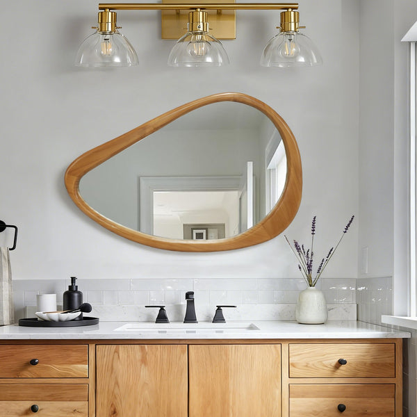 English Elm Modern Irregular Teardrop Wooden Wall Mirror Natural Frame 29.92"x20.08" Mid-Century Vanity Accent W2295P388971