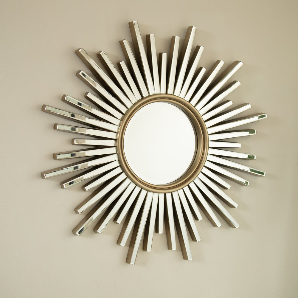 English Elm 33'' Gemme Mirror Silver Sunburst Wall Art Mirror — Luxurious PU Frame, Dresser Accent for Entryway W2615P346498