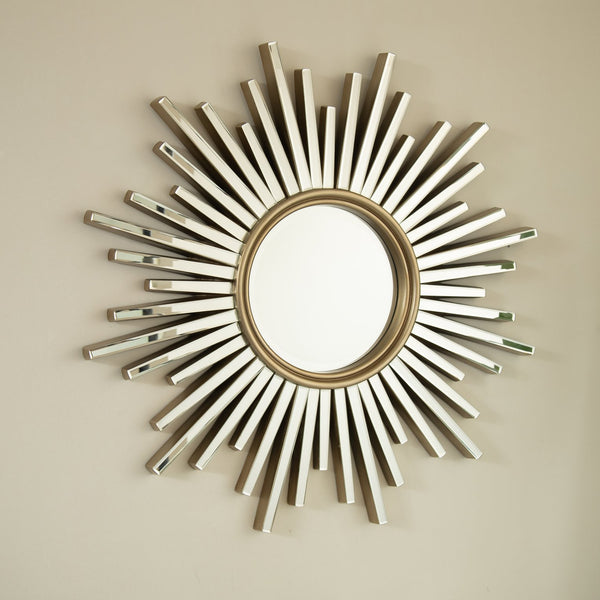 English Elm 33'' Gemme Mirror Silver Sunburst Wall Art Mirror — Luxurious PU Frame, Dresser Accent for Entryway W2615P346498