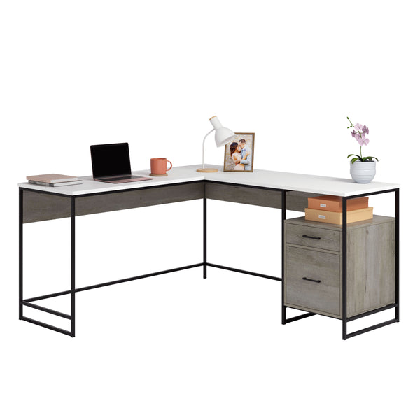 English Elm L-Shaped Modern Desk With Oak And White Finish - Space-Saving Design For Home Office And Study B356P367762