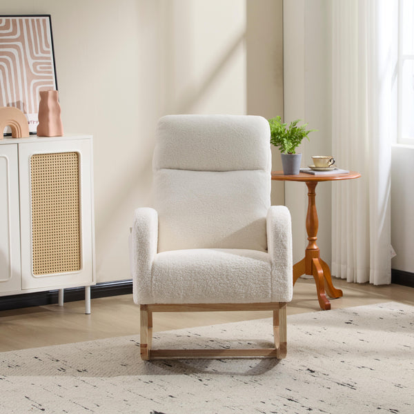 English Elm Modern Teddy Rocking Chair with Solid Wood Legs, High Back Nursery Glider, Side Pocket, 300LB Capacity W3723P409072