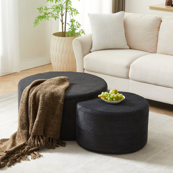 English Elm Nesting Foam Upholstered Round Coffee Tables Set of 2 — No Assembly, Multipurpose Ottoman Side Table Black W834P326380