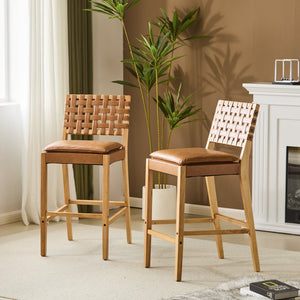 English Elm Christopher Knight Home® - Rieti PU Leather Barstools Set of 2 — Natural Rubberwood Frame, Geometric Crossback, Riveted Accents N775P271408B