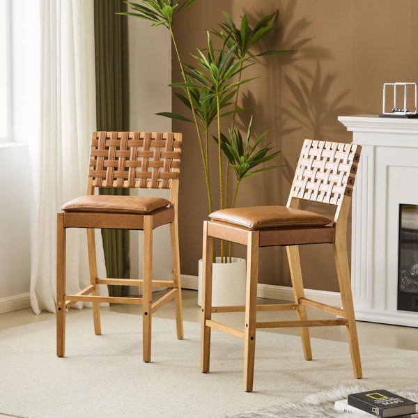 English Elm Christopher Knight Home® - Rieti PU Leather Barstools Set of 2 — Natural Rubberwood Frame, Geometric Crossback, Riveted Accents N775P271408B