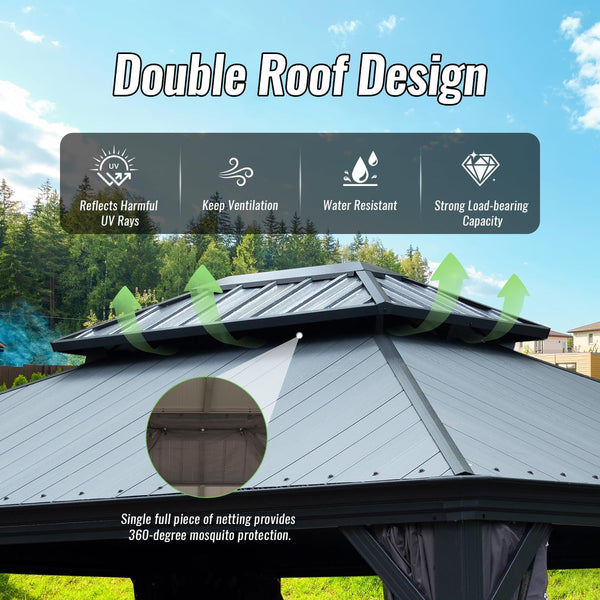 English Elm 12'x16' Hardtop Gazebo Heavy Duty Steel Frame Permanent Outdoor Pavilion with Netting W1859S00186