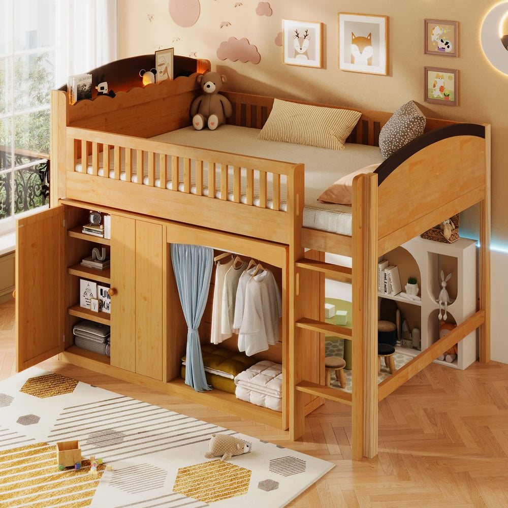 English Elm Twin Loft Bed with Wardrobe Cabinet Led Lighting and Pine Frame for Kids Rooms Wood N7090002235M