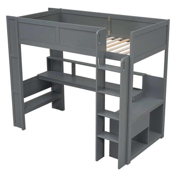 English Elm Wood Twin Loft Bed with Desk Led Lighting Charging Ports and Multi-zone Storage SM000373AAE
