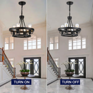 English Elm Four-light Wagon Wheel Pendant Matte Black Metal Industrial Plug-in Dining Fixture W2991P407027
