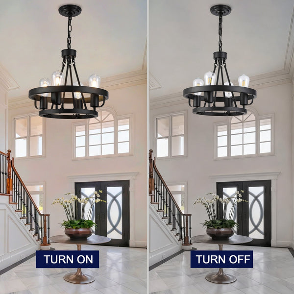 English Elm Four-light Wagon Wheel Pendant Matte Black Metal Industrial Plug-in Dining Fixture W2991P407027