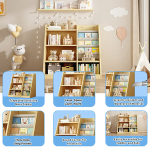 English Elm Wooden Montessori 4-Tier Kids Bookcase with 3 Deep Sling Pockets, Sturdy MDF Organizer for Playroom W2876P233535