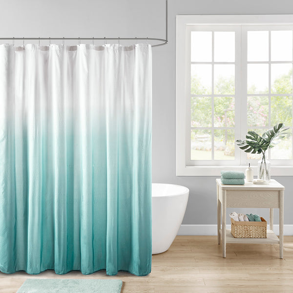 JLA Home Madison Park - Ombre Seersucker Shower Curtain with Embossed Texture for Spa-Like Gradient, Machine Washable Aqua MP70-8448