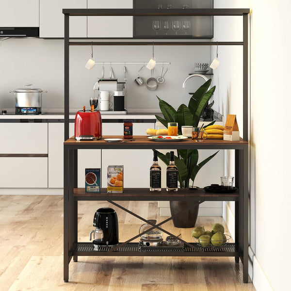 English Elm kitchen Island Table 3-Tier Bakers Rack with Microwave Shelf, Wood Grain Top, Metal Frame, Hooks & Stools Storage W331S00183