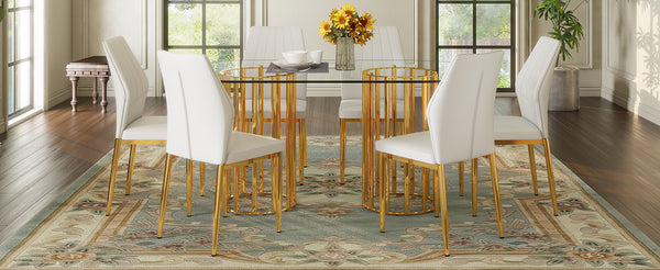 English Elm Table and Chair Set Oval Tempered Glass Top with Gold Base Glam Dining Room 7 Piece Transparent,White+Gold W1151S04728