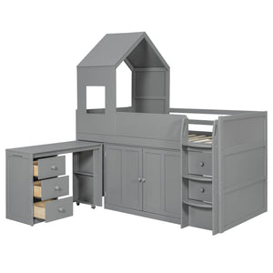 English Elm Twin House Loft Bed with Pull Out Rolling Desk Stair Drawers and Cabinet Storage Gray N820S00072E