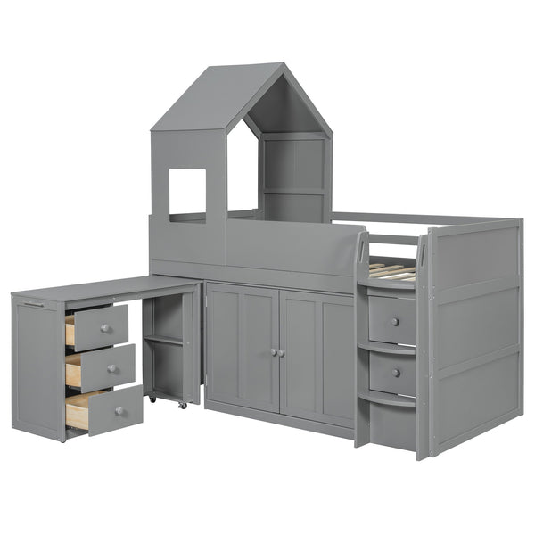 English Elm Twin House Loft Bed with Pull Out Rolling Desk Stair Drawers and Cabinet Storage Gray N820S00072E