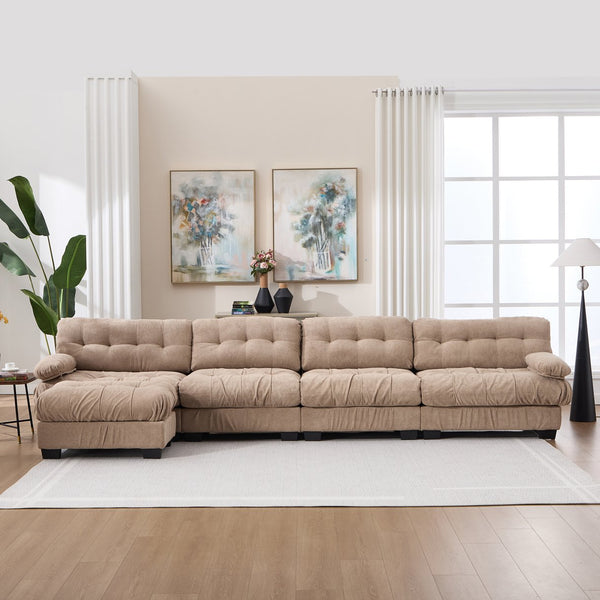English Elm Modular Cloud Sofa Deep Seat Flannelette Sectional with Round Armrests for Living Room Light Brown W2120S00046